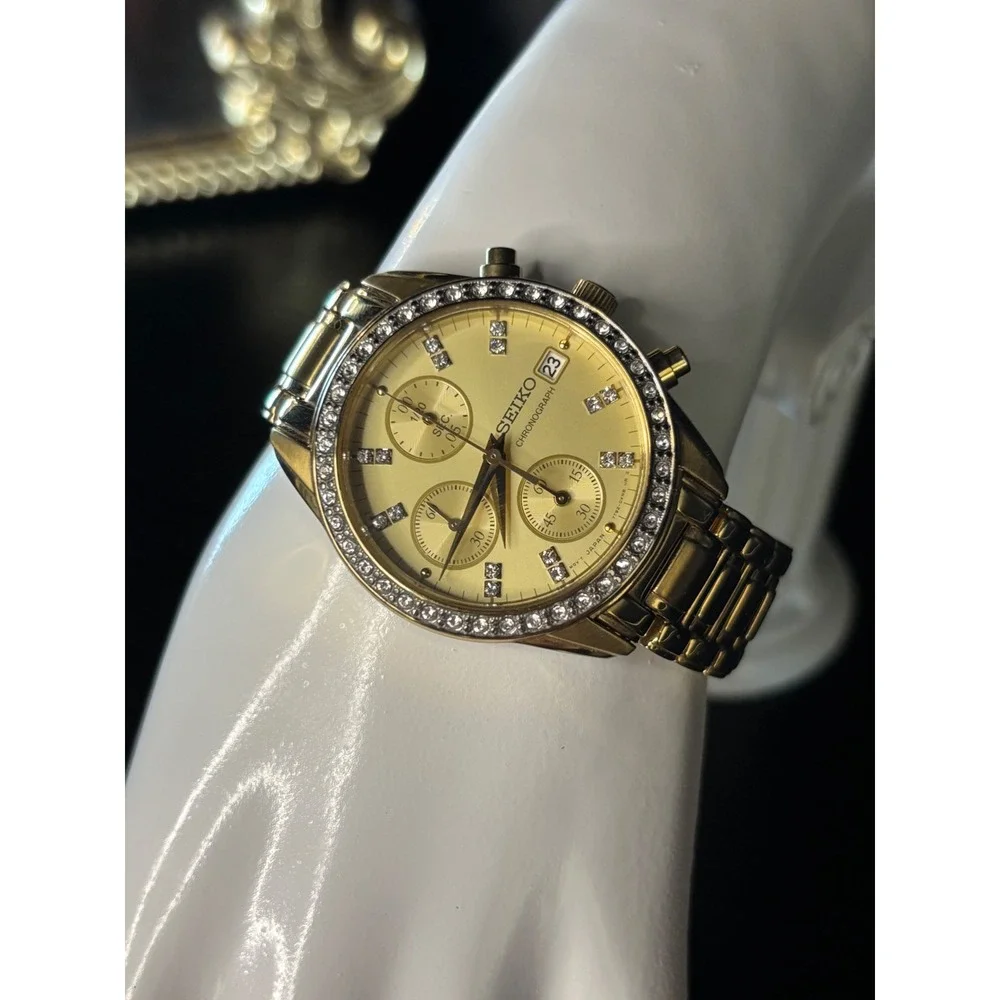 Seiko Chronograph Gold Tone Crystal Bezel Watch 7T92-0MZ0 Womens Stainless Steel